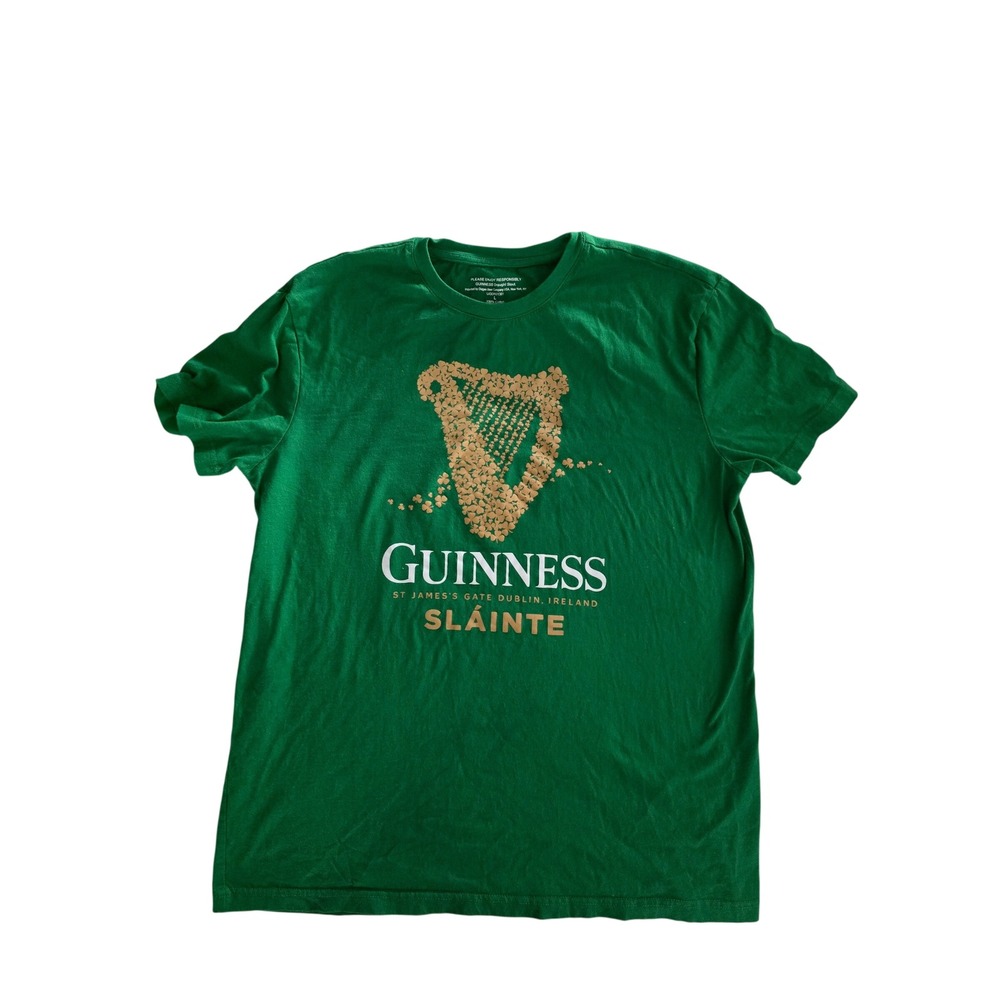 Guinness Draught Stout Slainte Shamrock Harp Green Graphic T-Shirt Mens Large